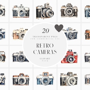 May include: A set of 20 watercolor illustrations of vintage cameras. The cameras are in various colors, including black, brown, red, and blue. The illustrations are perfect for scrapbooking, card making, and other creative projects.