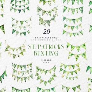 May include: Twenty watercolor green shamrock bunting flags with gold string.  St. Patrick's Bunting Clipart Pack.