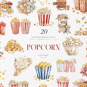 Watercolor Popcorn Clipart, Healthy Snack, Homemade Buttery Popcorn, Caramel, Cinema Movie Theater Food, Transparent PNG, Commercial Use