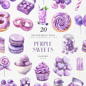Peut inclure: Illustration à l'aquarelle de divers bonbons violets, notamment des beignets, macarons, glaces et cupcakes. L'image présente également un milkshake violet, des bonbons et des biscuits. Le texte indique "20 PNG transparents pour usage commercial Purple Sweets Clipart Pack."