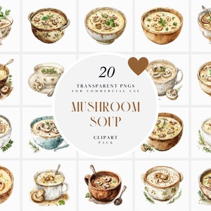 Aquarelle des cliparts de soupe aux champignons, des cliparts de soupe crémeuse aux champignons, bouillon de champignons, bouillon de champignons, graphiques PNG transparents, usage Commercial