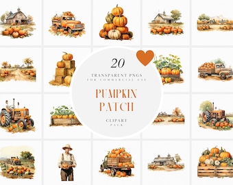 Imágenes prediseñadas de parche de calabaza de acuarela, imágenes prediseñadas de granja de calabazas, imágenes prediseñadas de temporada de otoño de granjero de calabazas naranjas de otoño, formato PNG para uso comercial