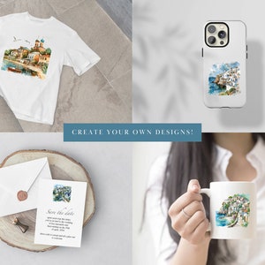May include: A set of customizable products featuring a watercolor painting of a seaside town with white buildings. The products include a t-shirt, a phone case, a mug, and a save the date card.
