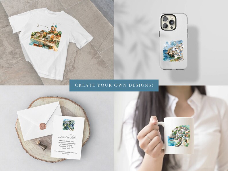 May include: A set of customizable products featuring a watercolor painting of a seaside town with white buildings. The products include a t-shirt, a phone case, a mug, and a save the date card.
