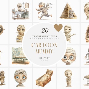 Clipart di mummie dei cartoni animati ad acquerello, Clipart di mummie carine, Halloween, morti viventi, illustrazione per bambini, PNG trasparente, uso commerciale
