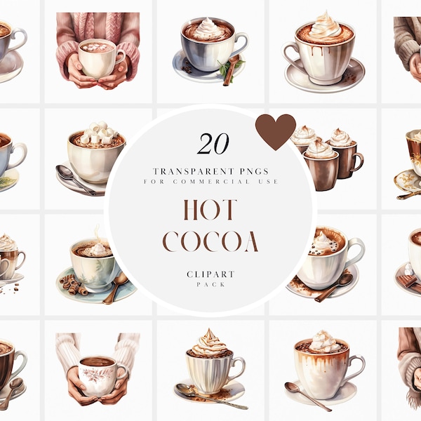 Watercolor Hot Cocoa Clipart, Hot Chocolate Clipart, Cup of Choco Clipart, Yummy Cozy Christmas Drink Clipart, PNG format for Commercial Use