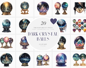 Watercolor Dark Crystal Ball Clipart, Halloween Crystal Balls Clipart, Whimsical Fortune Tellers Crystal Ball Clipart, PNG, Commercial Use