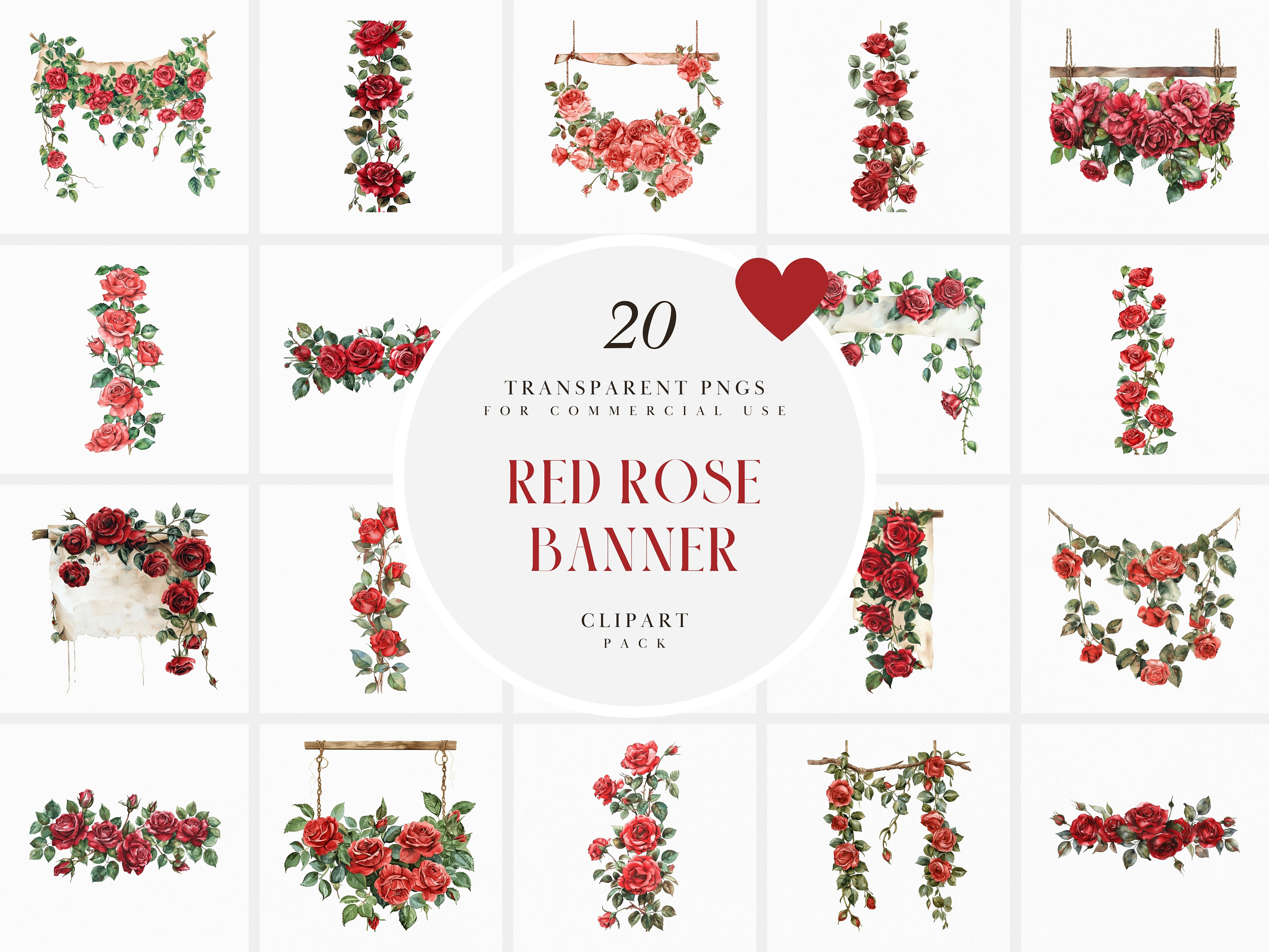 Watercolor Red Rose Banner Clipart, Red Roses Banners Clipart, Card ...