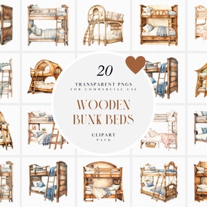 Puede incluir: Pack de imágenes prediseñadas de acuarela con 20 PNG transparentes de literas de madera. Las camas son de varios estilos, con escaleras, ropa de cama y almohadas. El texto dice: "20 PNG transparentes para uso comercial Wooden Bunk Beds Clipart Pack."