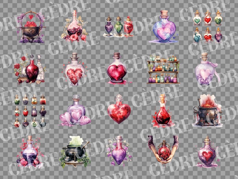 Watercolor Love Potion Clipart, Magical Love Potions Clipart, Valentines Clipart, Fantasy Potion ...