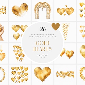 Clipart de corações dourados em aquarela, clipart de coração de ouro, clipart em forma de coração, dia dos namorados, amor, romance, gráfico PNG transparente, uso comercial