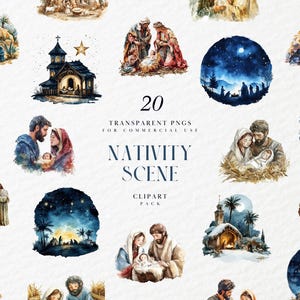 Escena de la natividad en acuarela, clipart, nacimiento de Jesucristo, Tierra Santa, cristianismo, Virgen María, Belén, PNG transparente, uso comercial