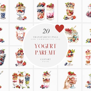 Clipart di yogurt parfait ad acquerello, yogurt dolce con frutta, colazione sana, dessert frullato, grafica PNG trasparente, uso commerciale