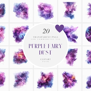 May include: A set of 20 purple and blue watercolor galaxy clipart images. The images are transparent PNGs and are perfect for commercial use. The text "Purple Fairy Dust" is in the center of the image.