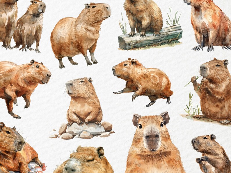 Watercolor Capybara Clipart, Realistic Capybaras, Zoo Animals Wildlife ...