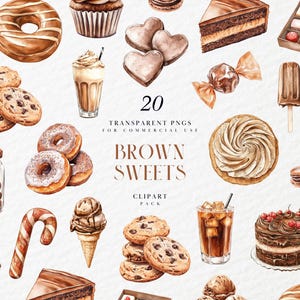 Akvarell bruna sötsaker Clipart, blandat desserttema, kaka, glass, godis, muffins, dryck, transparent PNG-grafik, kommersiellt bruk