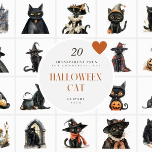 May include: A set of 20 digital clipart images featuring black cats in various Halloween costumes and settings. The images are transparent PNGs for commercial use. The text "20 Transparent PNGs for Commercial Use" and "Halloween Cat Clipart Pack" is included in the image.