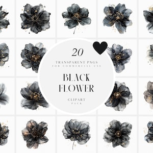 Clipart de flor preta Boho Chic aquarela, flores transparentes transparentes, florais opacos, translúcidos, gráficos PNG transparentes, uso comercial