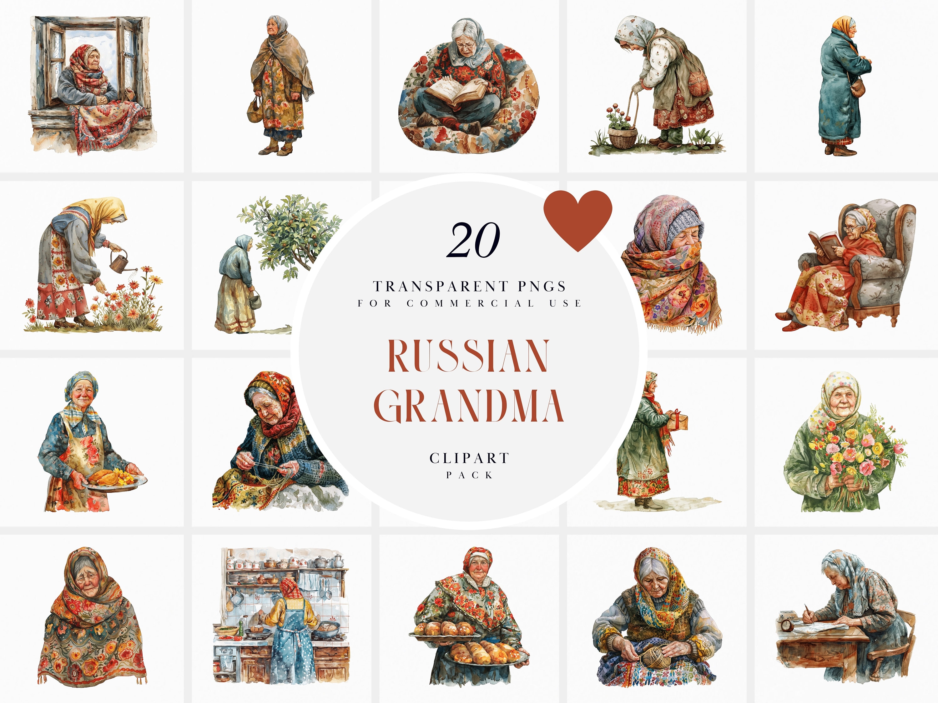 Watercolor Russian Grandma Clipart, Old Russian Lady Clipart, Eastern