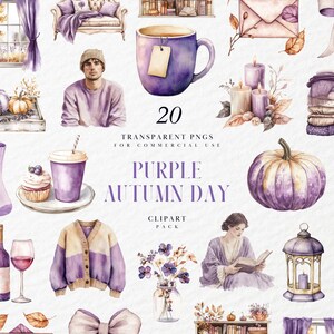 Clipart de un acogedor día de otoño en acuarela, con temática morada neutra, saludos otoñales, floral, pegatina digital, gráfico PNG transparente, uso comercial