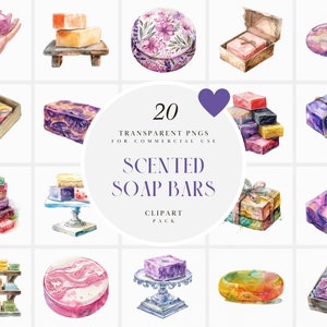 Clipart di saponette profumate ad acquerello, saponette colorate, spa, bagno, doccia, pulizia, coccole, grafica PNG trasparente, uso commerciale