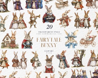 Watercolor Fairytale Bunny Clipart, Enchanted Storybook Character, Woodland Scene For Cards Set, Transparent PNG Graphics, Commercial Use