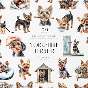 Watercolor Yorkshire Terrier Clipart, Cute Yorkie Dog, Small Long-Haired Pup, Pet Portrait Decor, Transparent PNG Graphics, Commercial Use
