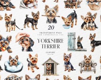 Aquarel Yorkshire Terrier clipart, schattige hond Yorkie, kleine langharige pup, huisdier portret decor, transparante png-afbeeldingen, commercieel gebruik