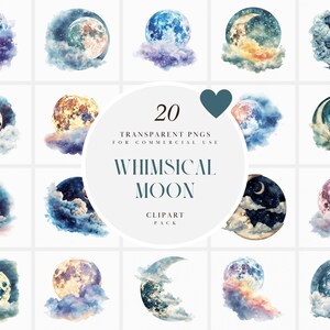 Aquarell wunderliche Mond Clipart, himmlische Vollmond, Astrologie, magische Elemente, Wicca Fantasy, transparente PNG Grafiken, kommerzielle Nutzung