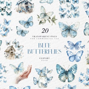 Imágenes prediseñadas de mariposas de acuarela azul pastel, jardín de mariposas, primavera pastel, verano, flores florales, gráficos PNG transparentes, uso comercial