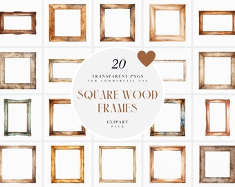 Watercolor Square Wooden Frame Clipart, Brown Rectangular Wood Frame Clipart, Shabby Wooden Frames Clipart, Transparent PNG, Commercial Use