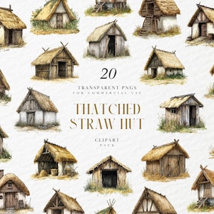 May include: Watercolour illustrations of 20 thatched straw huts. Each hut features a wooden structure with a straw roof. The huts vary in size and design, with some having doors and windows. The text reads "20 TRANSPARENT PNGS FOR COMMERCIAL USE THATCHED STRAW HUT CLIPART PACK."