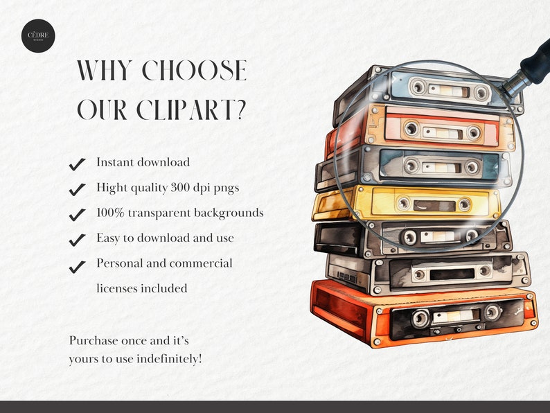 Watercolor Cassette Tapes Clipart, VHS Tapes Clipart, Audio Tape Video