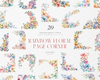 Watercolor Rainbow Floral Page Corner Clipart, Bright Wildflower Border, Summer Wedding Invitation, Transparent PNG Graphics, Commercial Use