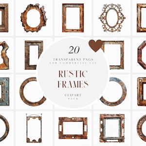 Aquarel rustieke frames clipart, roestige oude antieke fotolijstjes, roest, rond, vierkant, rechthoekig, transparante PNG-afbeeldingen, commercieel gebruik