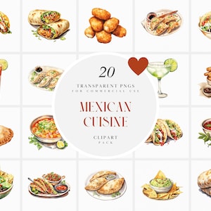 以下が含まれることがあります： タコス、ブリトー、エンチラーダ、チュロス、グアカモレ、サルサなど、メキシコ料理の20点の水彩画イラストセット。デジタルおよび印刷プロジェクトでの使用に最適です。