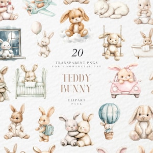 May include: A collection of 20 transparent PNGs of teddy bear bunnies in watercolour style. The illustrations show bunnies in different scenarios, including a car and a swing. The text reads "TEDDY BUNNY CLIPART PACK".