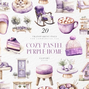 Watercolor Cozy Pastel Purple Home Clipart, Lilac Cottagecore Interior, Soft Decor, Retro Details, Transparent PNG Graphics, Commercial Use