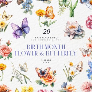 Clipart de flores e borboletas em aquarela, conjunto de flores botânicas antigas, aquarela vintage de aniversário, PNG transparente, uso comercial