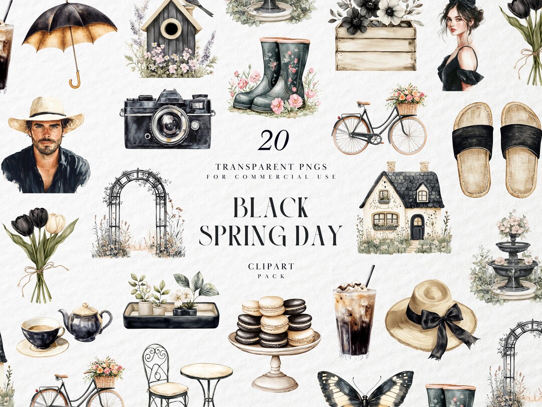 Watercolor Cozy Spring Day Clipart, Black Themed Neutral Hello ...