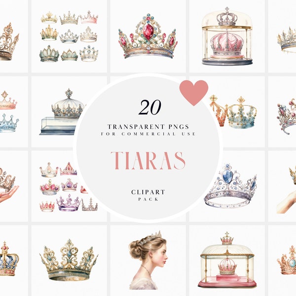 Watercolor Princess Tiara Clipart, Royal Tiaras Clipart, Jewelled Queen Crown Clipart, Gems, Instant Download PNG Format for Commercial Use