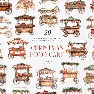 水彩画のクリスマス フード カート クリップアート、車輪付きカート、ワゴン、ストリート、お祭りホリデー シーズン、クリスマス、透明 PNG グラフィック、商用利用