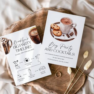 May include: Two white cards with black text and illustrations. The top card has a watercolor illustration of a cup of hot chocolate with cookies and chocolate pieces on a brown saucer. The text reads "Big Party and Cocktails" and includes details about a party celebrating Brooklyn's university acceptance. The bottom card has a timeline for Brooklyn's big party with illustrations of a cocktail, a camera, a couple, a cake, and a car. The text reads "Brooklyn's Big Party Timeline!" and includes the date "Sunday, 19th February 2023".