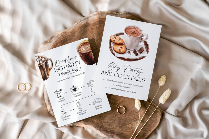 May include: Two white cards with black text and illustrations. The top card has a watercolor illustration of a cup of hot chocolate with cookies and chocolate pieces on a brown saucer. The text reads "Big Party and Cocktails" and includes details about a party celebrating Brooklyn's university acceptance. The bottom card has a timeline for Brooklyn's big party with illustrations of a cocktail, a camera, a couple, a cake, and a car. The text reads "Brooklyn's Big Party Timeline!" and includes the date "Sunday, 19th February 2023".