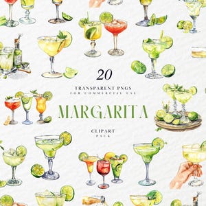 May include: A set of 20 watercolor illustrations of margarita cocktails. The illustrations feature various styles of glasses, garnishes, and lime slices. The text "20 TRANSPARENT PNGS FOR COMMERCIAL USE MARGARITA CLIPART PACK" is included in the image.