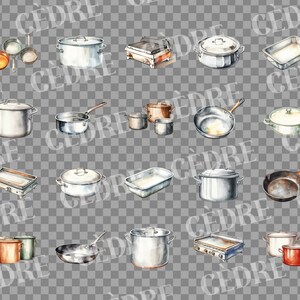 Watercolor Pots and Pans Clipart, Cookware, Kitchenware, Restaurant ...