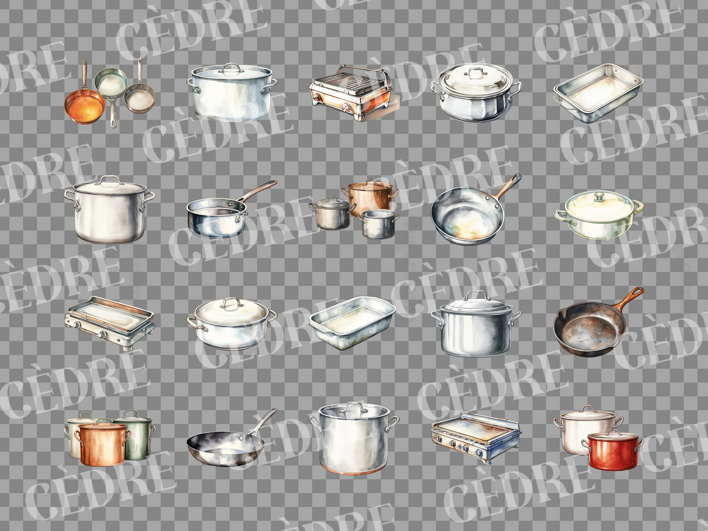 Watercolor Pots and Pans Clipart, Cookware, Kitchenware, Restaurant ...
