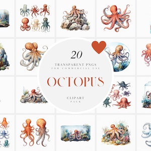 Watercolor Octopus Clipart, Sea Life Octopus Clipart, Under the Sea Creatures Clipart, Beach Deep Ocean, PNG Format for Commercial Use