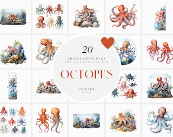 Watercolor Octopus Clipart, Sea Life Octopus Clipart, Under the Sea Creatures Clipart, Beach Deep Ocean, PNG Format for Commercial Use