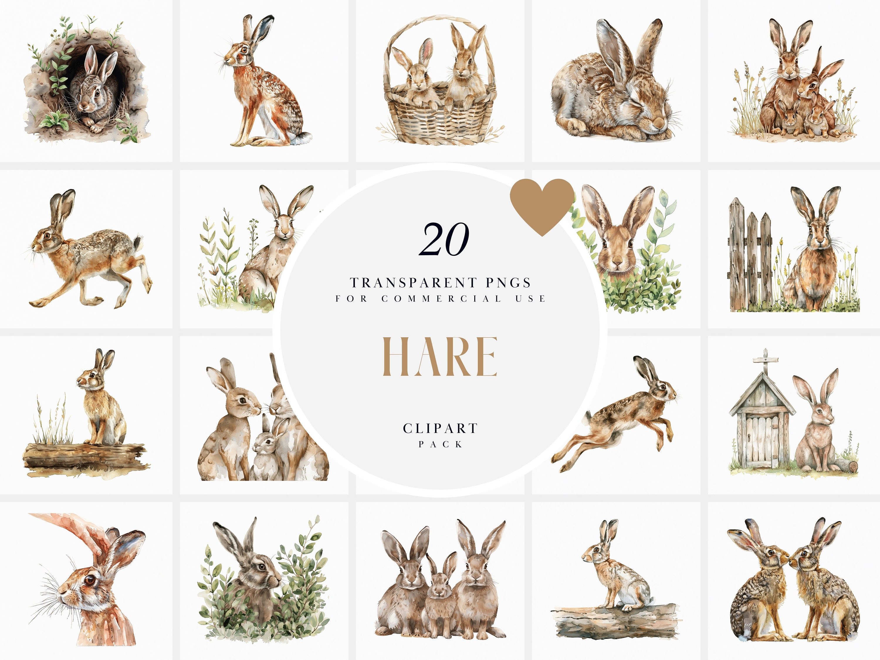 Watercolor Hare Clipart, Realistic Hares Clipart, Bunny Jumping Hare Clipart, Animals Clipart, Wildlife, Transparent PNG, Commercial Use